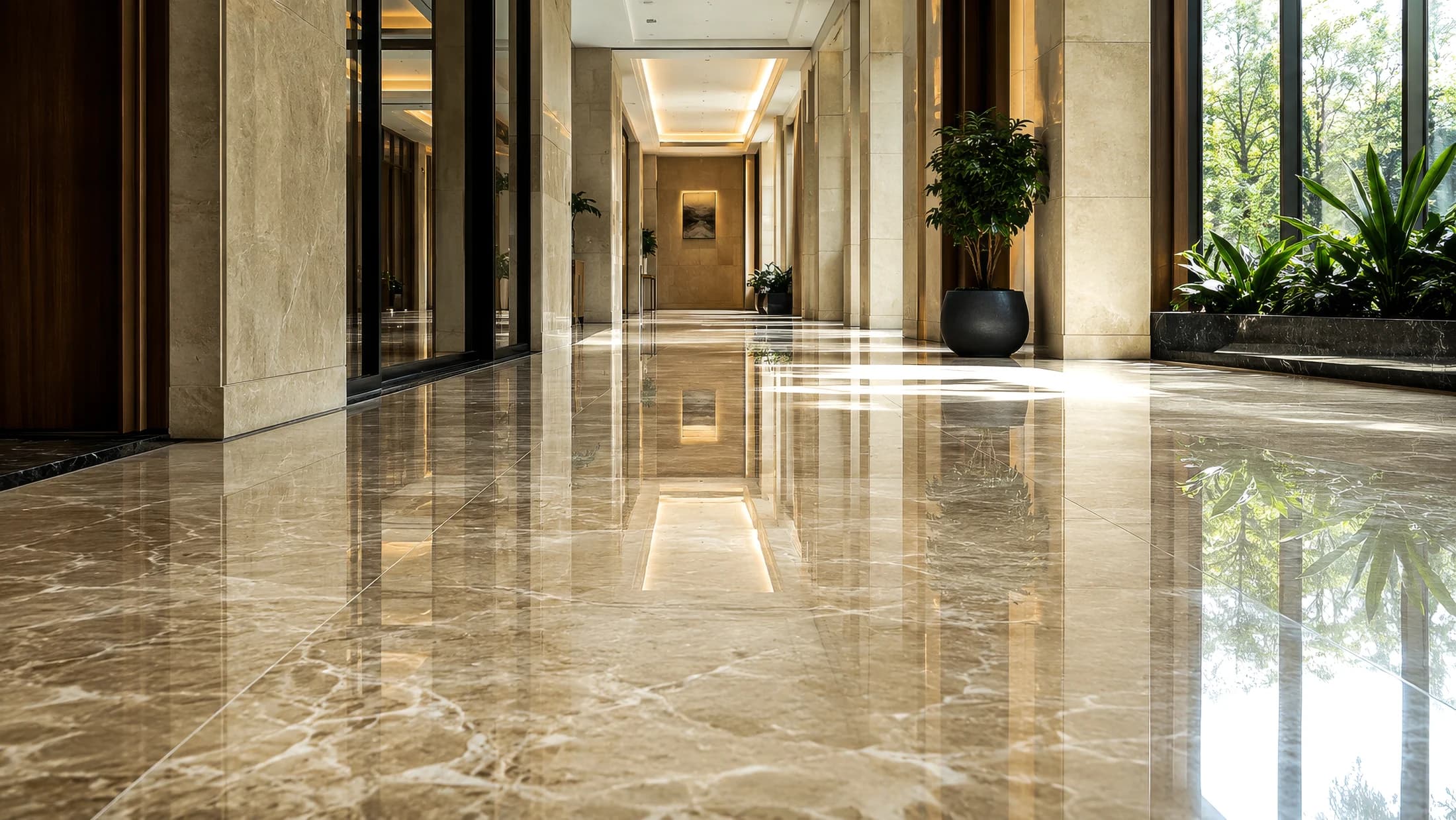 A polished travertine lobby floor reflecting the light from a wall of windows.