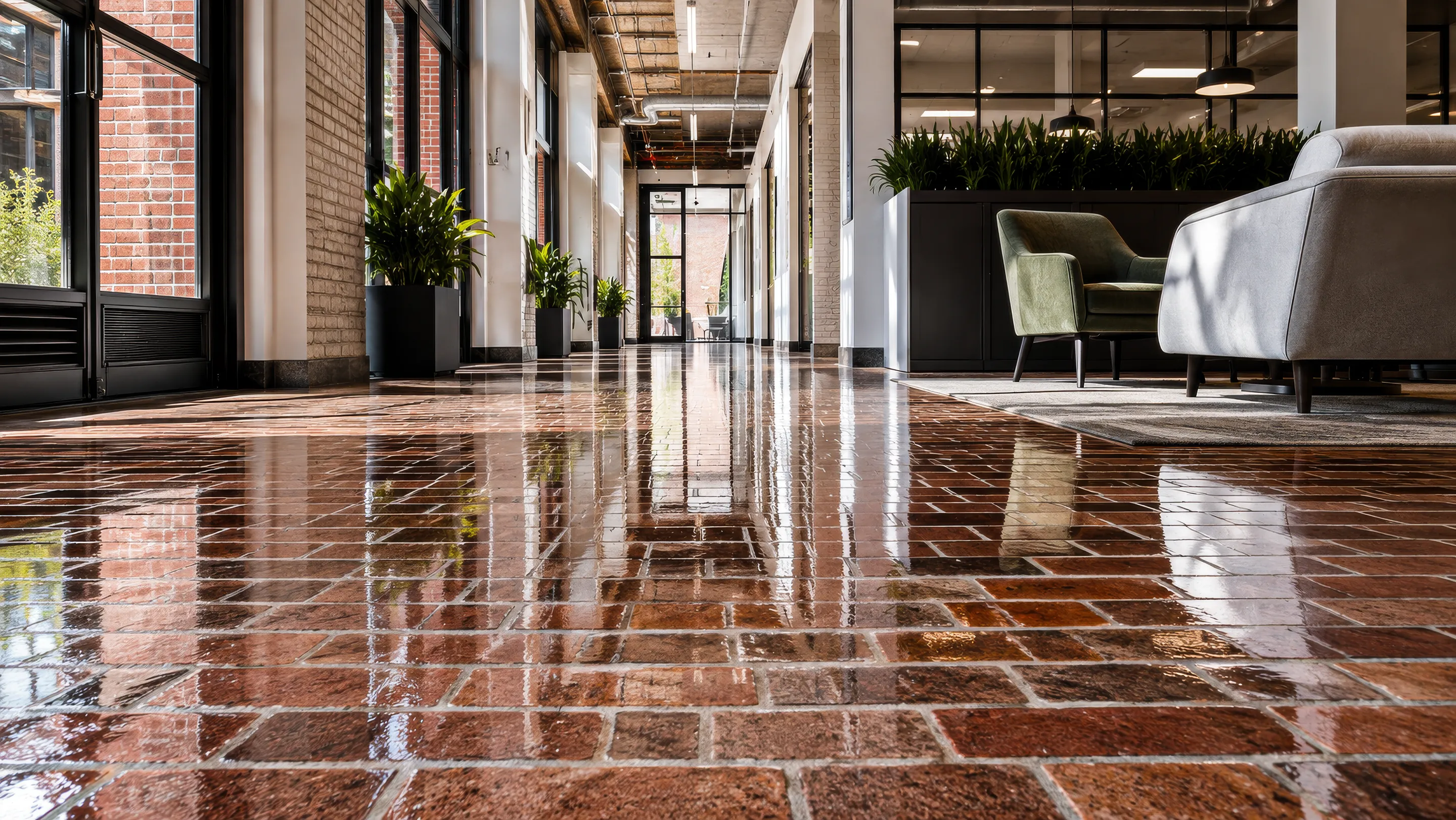 Warm polished floor in an upscale hospitality lounge.