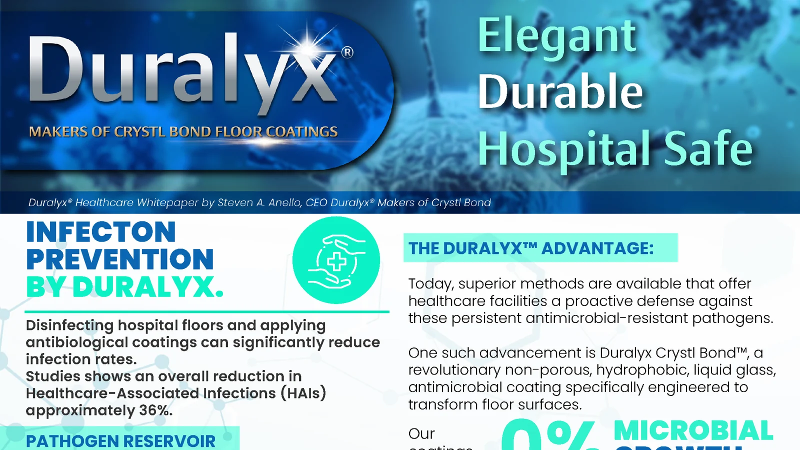 Cover of the Duralyx healthcare whitepaper, headed "Elegant, Durable, Hospital Safe".