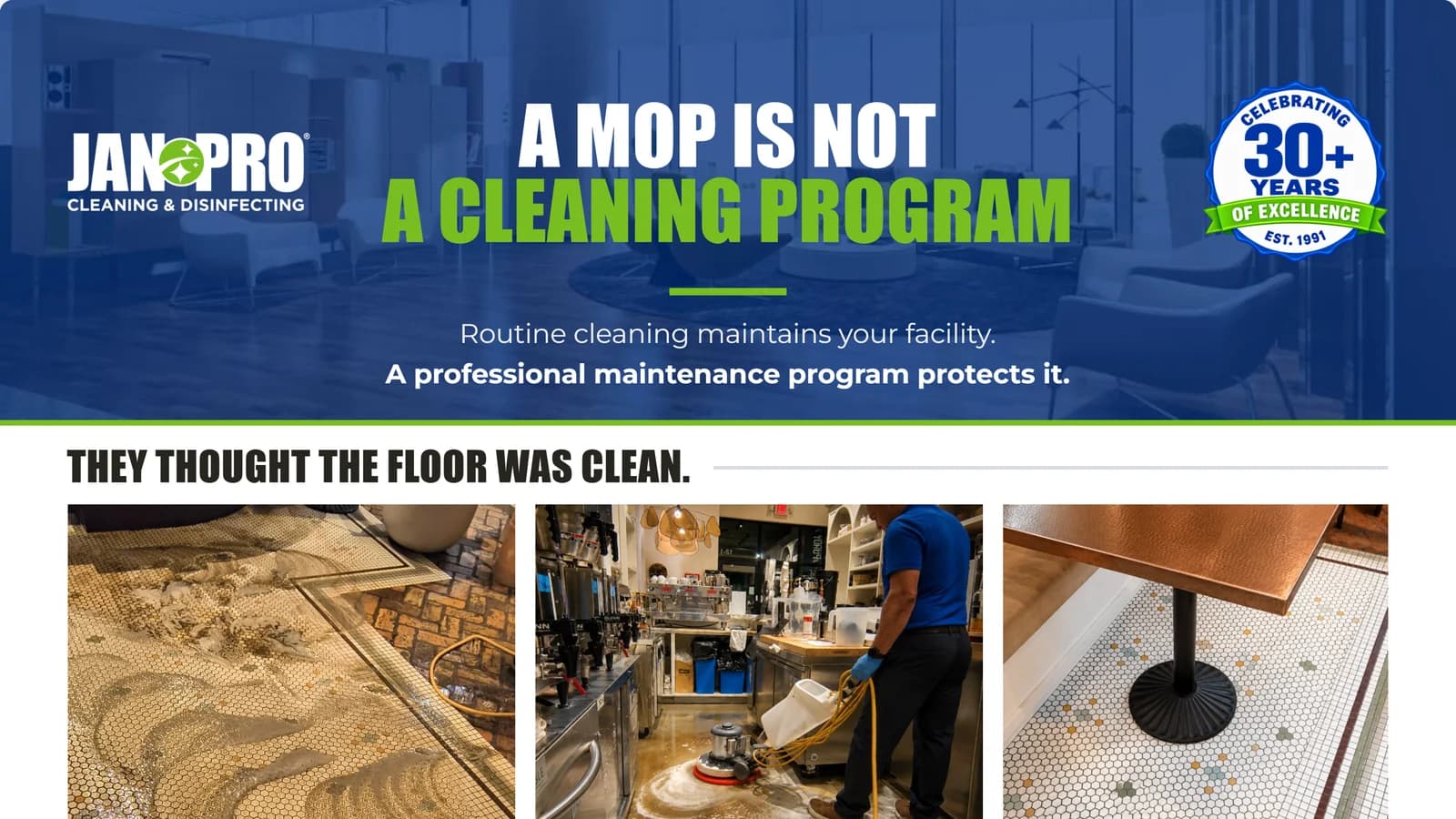 JAN-PRO flyer header reading "A Mop Is Not a Cleaning Program" above before, during, and after photos of a tiled café floor.