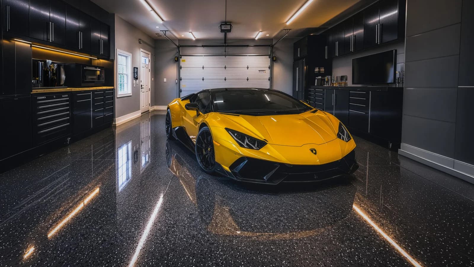 A yellow supercar parked on a glossy, speckled dark garage floor between walls of black cabinetry, the ceiling lights reflected in the finish.