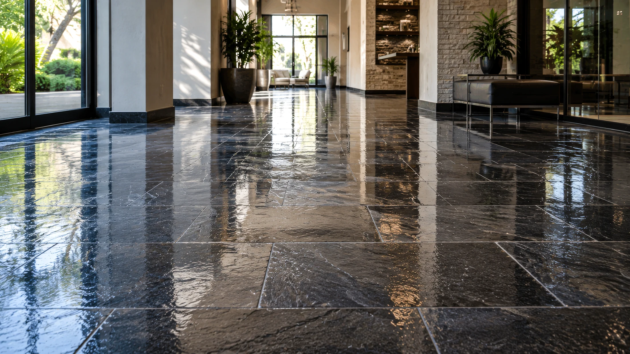 Polished dark slate floor in a refined lobby.